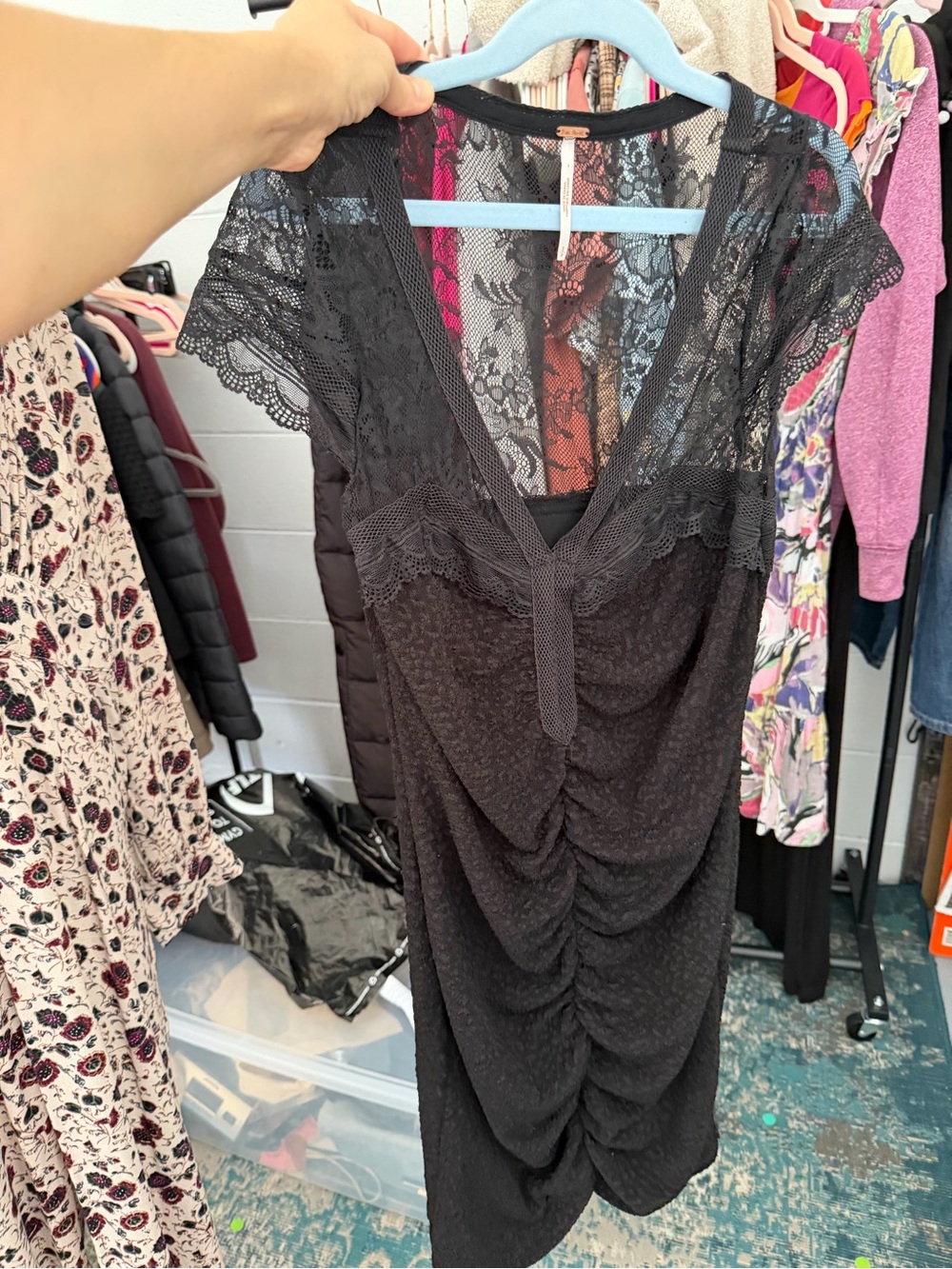 Free People Black Lace V-Neck Ruched Slip Dress